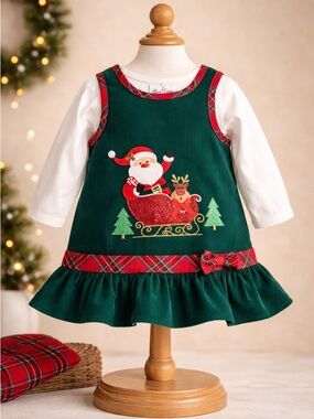EUC Rare Editions Toddler Girls Green Corduroy Santa Dress Plaid Trim - Size 2T